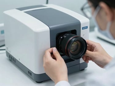 Close-up of clinical hands setting up a modern diagnostic analyzer, sterile white environment, sharp focus, cool lighting.