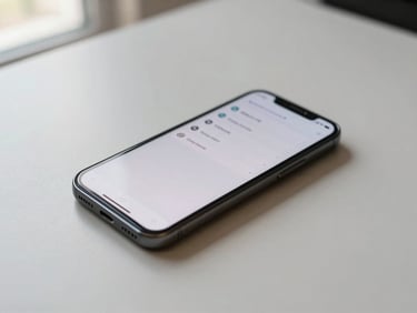 Android phone lying flat on an empty pale desk, screen showing a clean list interface with three items, soft diffused window light from the left