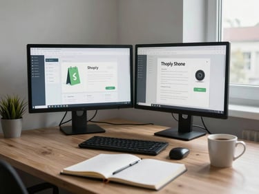 Wide-angle view of a tidy Swiss home office desk corner, dual monitor showing a Shopify admin dashboard, natural window light from the right, coffee mug and notepad in soft focus foreground, no people