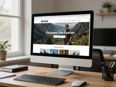 Website homepage displayed on a desktop monitor in a small office, natural daylight from a side window, tidy desk