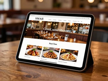 Small restaurant website on a tablet propped on a wooden table, warm interior light, menu page visible