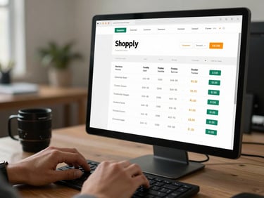 Shopify dashboard on a screen showing order overview, hands on keyboard, neutral office background, daylight