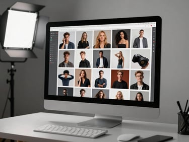 Social media post designs laid out on a screen, Instagram grid visible, clean monitor on a minimal desk, studio light