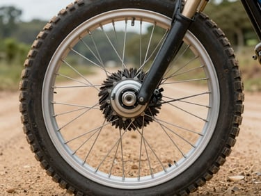 Macro shot of a 24-inch aluminum double-wall spoked wheel with a heavy-duty brushless hub motor, dirt roads and mixed-use tire tread visible, 35mm lens.