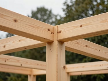 Close-up of the hand-joined structural reforestation wood cabin, showing precise carpentry joints and natural grain under overcast daylight, 35mm lens.