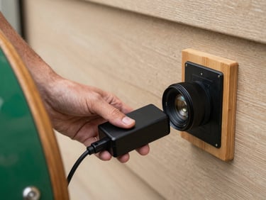 A hand sliding a sleek, black removable battery pack out of the wooden frame of a trike, plugging it into a standard garage wall outlet, 35mm lens.