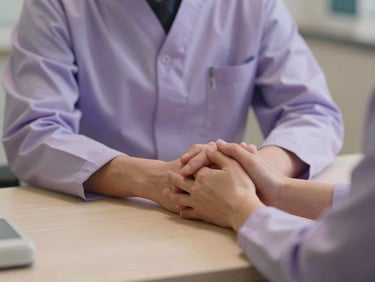 Close-up of two hands clasped gently on a clinic consultation desk, soft warm studio light, muted lavender tones, calm and still