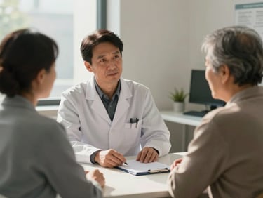 Medium shot of a clinician and an older patient in quiet conversation across a consultation desk, patient notes visible on the surface, soft warm daylight from a side window, no harsh shadows, calm clinical interior