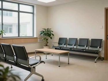 Wide shot of a quiet clinic waiting area, empty chairs arranged neatly beside a low table with a plant, north-facing window light, calm and ordered interior