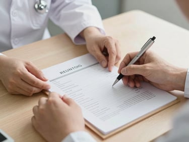 Close-up detail of a clinician's hands placing a structured diagnostic report on a light wooden desk, a pen resting beside it, soft north-facing daylight, clean and ordered clinical setting