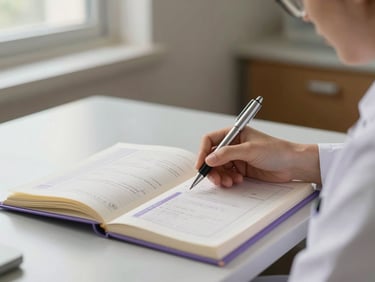 Detail of a clinician's pen resting on an open patient care plan on a clean desk, soft daylight from a window to the left, cream and lavender tones, quiet and precise