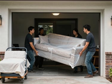 Medium-wide shot of a moving crew carrying a wrapped sofa through a residential doorway in flat overcast daylight, dollies and moving blankets visible in the foreground