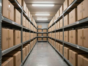 Interior of a climate-controlled storage facility, rows of uniformly labeled cardboard boxes stacked on metal shelving under bright even fluorescent light, wide environmental shot showing organization and depth
