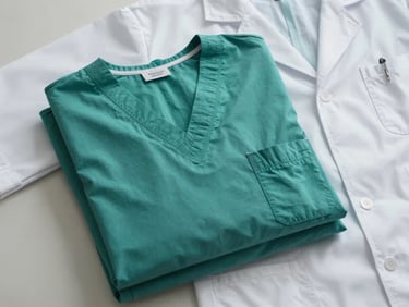 Overhead flat-lay of folded hospital scrubs and a lab coat in clinical white and teal, arranged in a clean stack on a neutral surface, bright even lighting showing fabric weave and reinforced pocket stitching