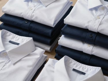 Extreme close-up overhead of neatly folded school uniform shirts in white and navy, stacked in precise rows, sharp stitch detail visible along collar seams, even studio lighting
