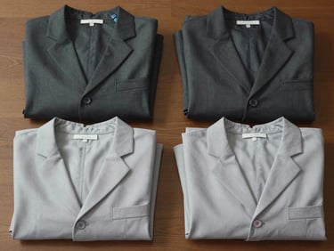 Overhead flat-lay of neatly folded hotel front-desk and housekeeping uniforms stacked in two columns — one stack of pressed charcoal waistcoats, one of pale grey housekeeping tunics — bright even daylight, sharp fabric weave visible, no people