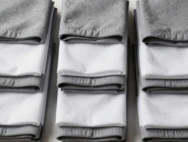 Close-up overhead of folded housekeeping aprons and work tunics in grey and white, stacked in uniform rows, fabric texture and reinforced hem stitching clearly visible under bright flat studio light