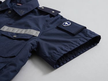 Flat-lay of a security guard uniform jacket in deep navy with high-visibility trim, folded on a light grey surface under bright even studio light, showing shoulder epaulette detail and fabric weight, no people