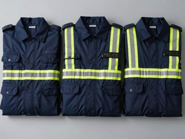 Overhead flat-lay of finished security guard uniforms — deep navy shirts and high-visibility reflective-stripe jackets folded in clean parallel stacks on a light grey surface, bright studio light, close detail on reinforced shoulder seams and reflective tape, no people
