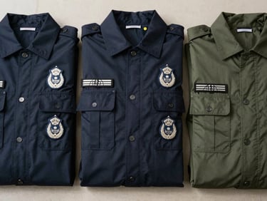 Overhead flat-lay of folded security guard uniforms in deep navy and olive, epaulette and badge-tab detail sharp, stacked in precise alignment on a neutral surface under bright even lighting