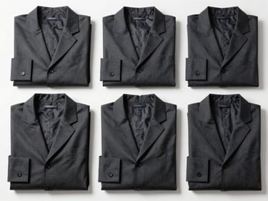Overhead flat-lay of precisely folded hotel front-of-house uniform jackets in deep charcoal, collar and lapel detail crisp, arranged symmetrically on a white surface under bright studio lighting
