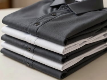 Folded stack of hotel staff uniform shirts in deep charcoal and white, fabric showing fine weave, arranged in a clean row on a light surface under bright even lighting, no people