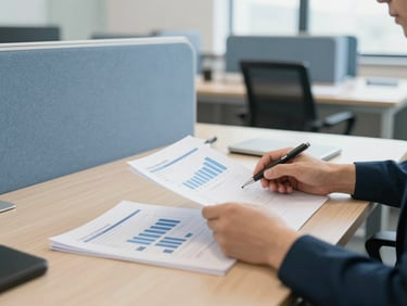 Editorial corporate photography of a bright structured workspace with clean lines, hands analyzing financial documents on a wooden desk, soft sand and blue tones, daylight, 35mm lens