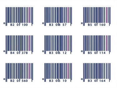 Flat vector line-art of high-precision barcode labels and tags with registration marks, magenta accent lines, blueprint style
