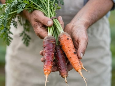 Close-up of a farmer's dirt-stained hands holding freshly harvested heirloom carrots, soft natural daylight, 35mm