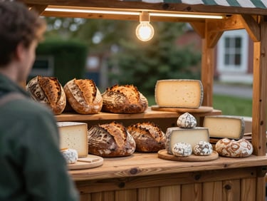 Over-the-shoulder view of a rustic wooden market stall filled with fresh sourdough loaves and artisanal cheeses, warm overhead glow, 35mm