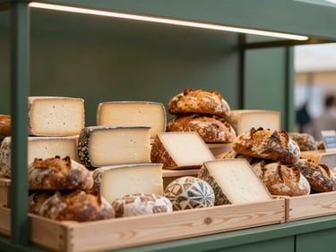 An organic indoor shot of a modern food market stall, wooden crates filled with fresh artisanal cheeses and rustic sourdough loaves, warm overhead glow.