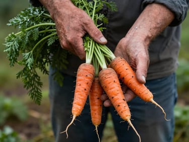 A close-up of a farmer's dirt-stained hands holding a bundle of freshly harvested heirloom carrots with green tops, moody outdoor daylight.