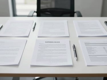 Symmetrical medium shot of organized modern corporate desk, white paper documents, elegant pen, bright daylight, desaturated cool tones