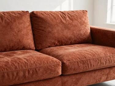 A restored modern sofa with crisp terracotta upholstery and clean seams sitting in a bright room with natural window light