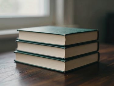 A stack of three thick hardcover novels with muted cream and dark green spines, resting on a dark wood table under soft, moody window light.