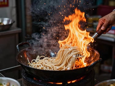 Action shot of a cook tossing flat rice noodles in a flaming wok, sparks flying, dark alley background, dramatic natural fire light, high contrast.
