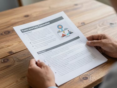 Close-up of hands of a local community leader holding a printed educational report, rustic wooden table background, soft natural daylight