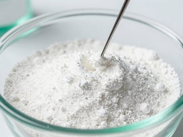 Macro shot of pure white botanical extract powder being measured in a sterile laboratory, bright clinical lighting, emerald green accents