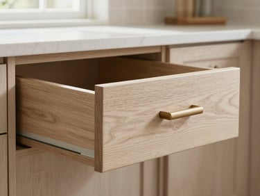 Close-up detail shot of custom kitchen drawer pull-out, grain-matched white oak, precision joinery, soft natural daylight