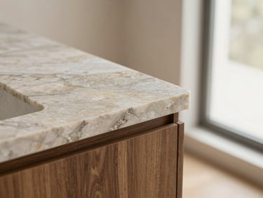 Macro detail shot of a natural quartzite slab countertop meeting a grain-matched walnut cabinet, zero-tolerance alignment, soft daylight
