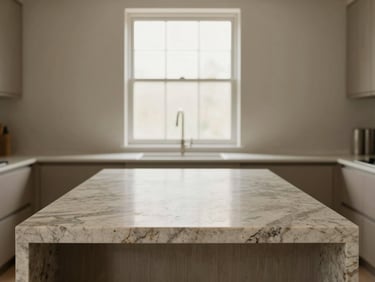 Straight-on architectural elevation of a kitchen island, natural quartzite slab countertop, soft window light, minimal styling