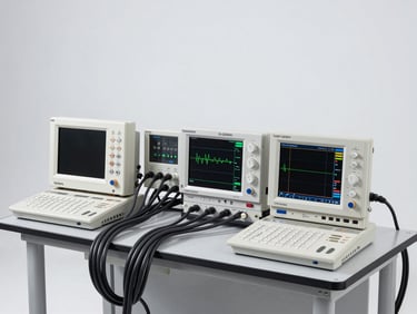 Sharp technical photograph of an industrial electrical testing laboratory, digital oscilloscopes displaying waveforms, heavy power cables connected to a testing rig, bright high-key lighting