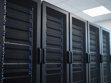 Clean technical control room with modern server racks and glowing blue indicators, precise geometric lines