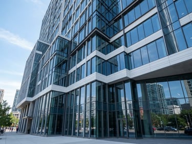 Crisp architectural photography of a modern commercial building facade with clean geometric lines, bright natural daylight, cool corporate tones, 35mm