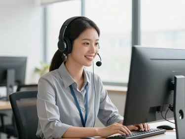 Profesional interpreter wearing headphones and microphone, focused on a clean Zoom interface on a monitor, bright natural indoor light, modern office setting, optimistic and clear mood, 35mm