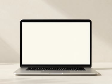 Clean digital mockup of a brand narrative campaign on a laptop, warm cream background, soft natural shadows.