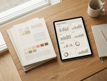 A clean, minimalist flat-lay of printed brand guidelines and a tablet showing campaign analytics, soft diffused daylight, warm cream tones.