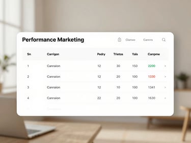 Clean digital mockup of a performance marketing dashboard showing campaign metrics, soft diffused daylight, warm neutral tones.