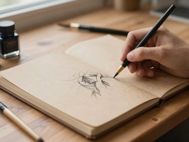 Close-up of hands sketching in a kraft paper notebook on a wooden table, surrounded by ink bottles and brushes, soft natural window light, shallow depth of field.
