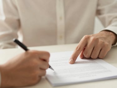 Close-up of two hands, one holding a pen and the other pointing at a document on a desk, soft natural light, warm cream tones, shallow depth of field.